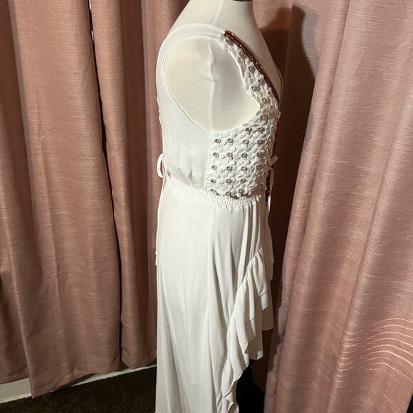 Monaco Boho-Style White M Maxi Dress Pearl Lace High-Low Corset Made in France - Picture 6 of 16